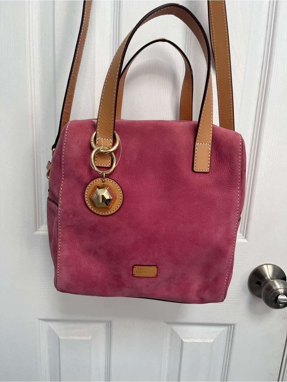 Frances Valentine NY pink suede Satchel handbag tan leather handles Crossbody